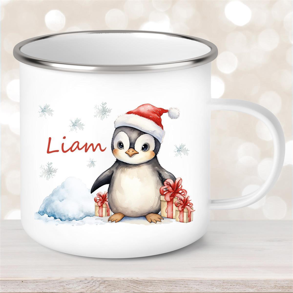 Tasse Wunschname Weihnachten Pinguin #1 Keramik Kinderbecher Weiß
