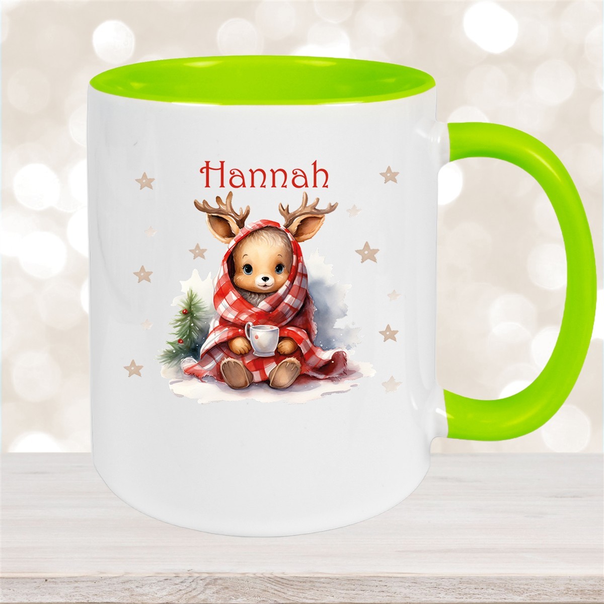 Tasse Wunschname Weihnachten Rehlein #1 Keramik Kinderbecher Grün