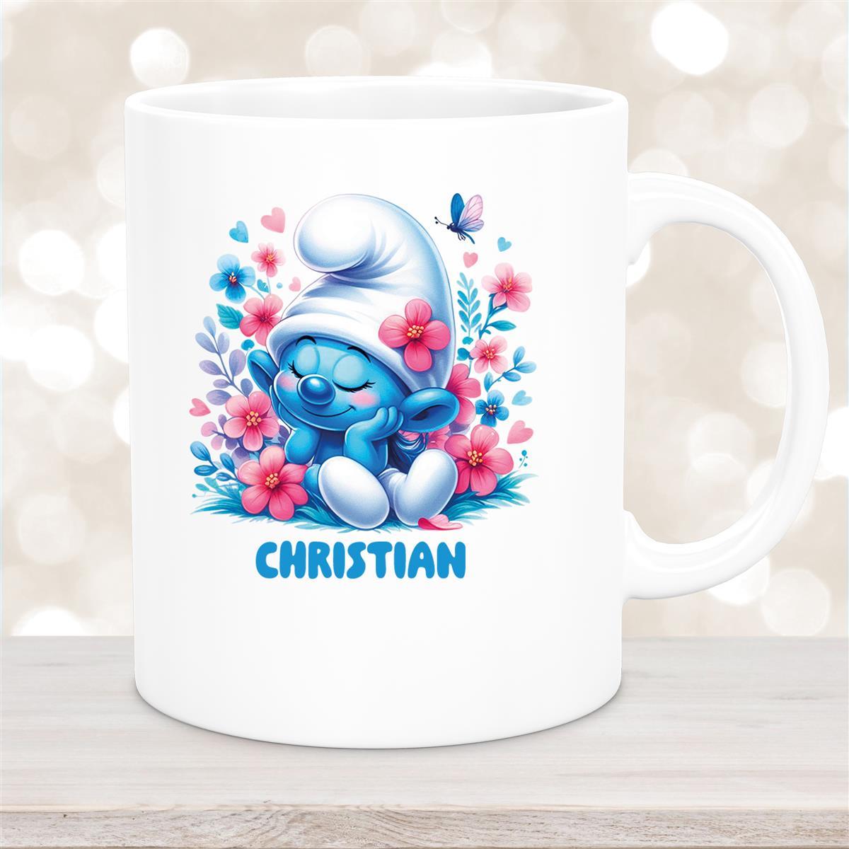 Tasse Kinder Schlumpf #1 mit Blumen Wunschname Keramik Kinderbecher personalisiert versch. Farben Weiß
