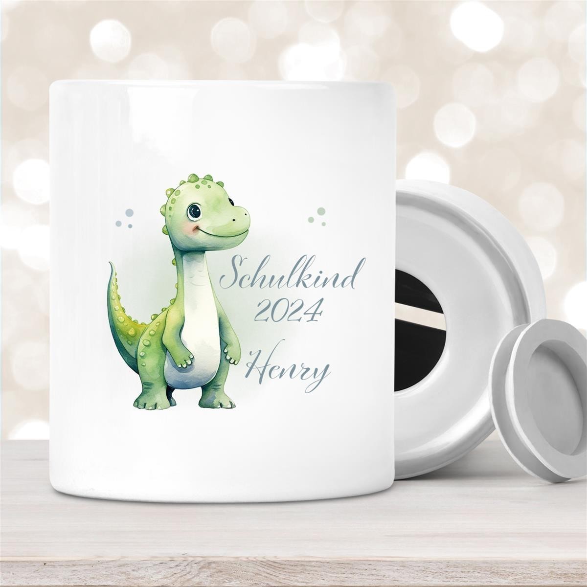 Spardose mit Wunschname Schulanfang #4 Dino#1 personalisiert
