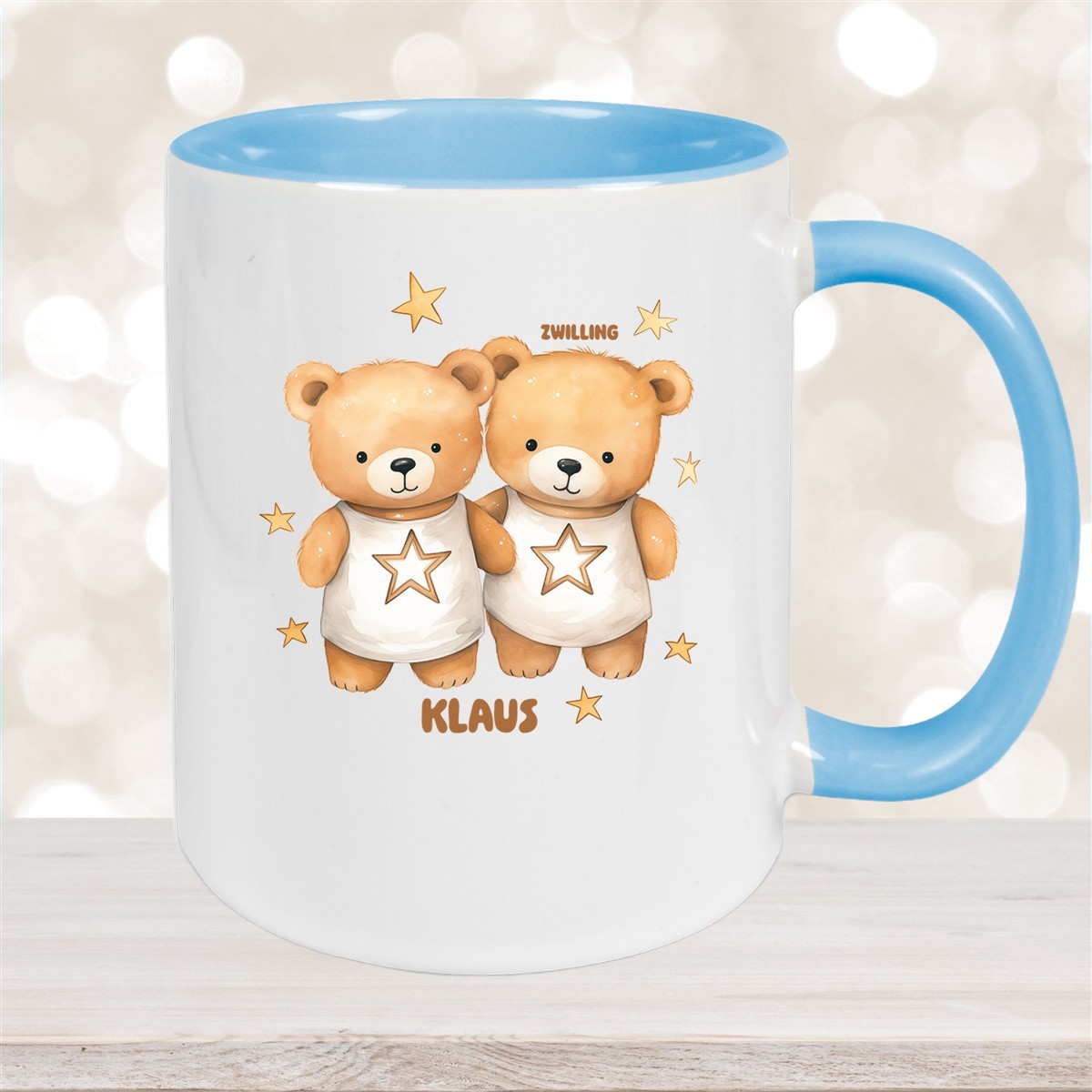 Tasse Sternzeichen Kinder Zwilling #1 Wunschname Keramik Kinderbecher personalisiert Hellblau