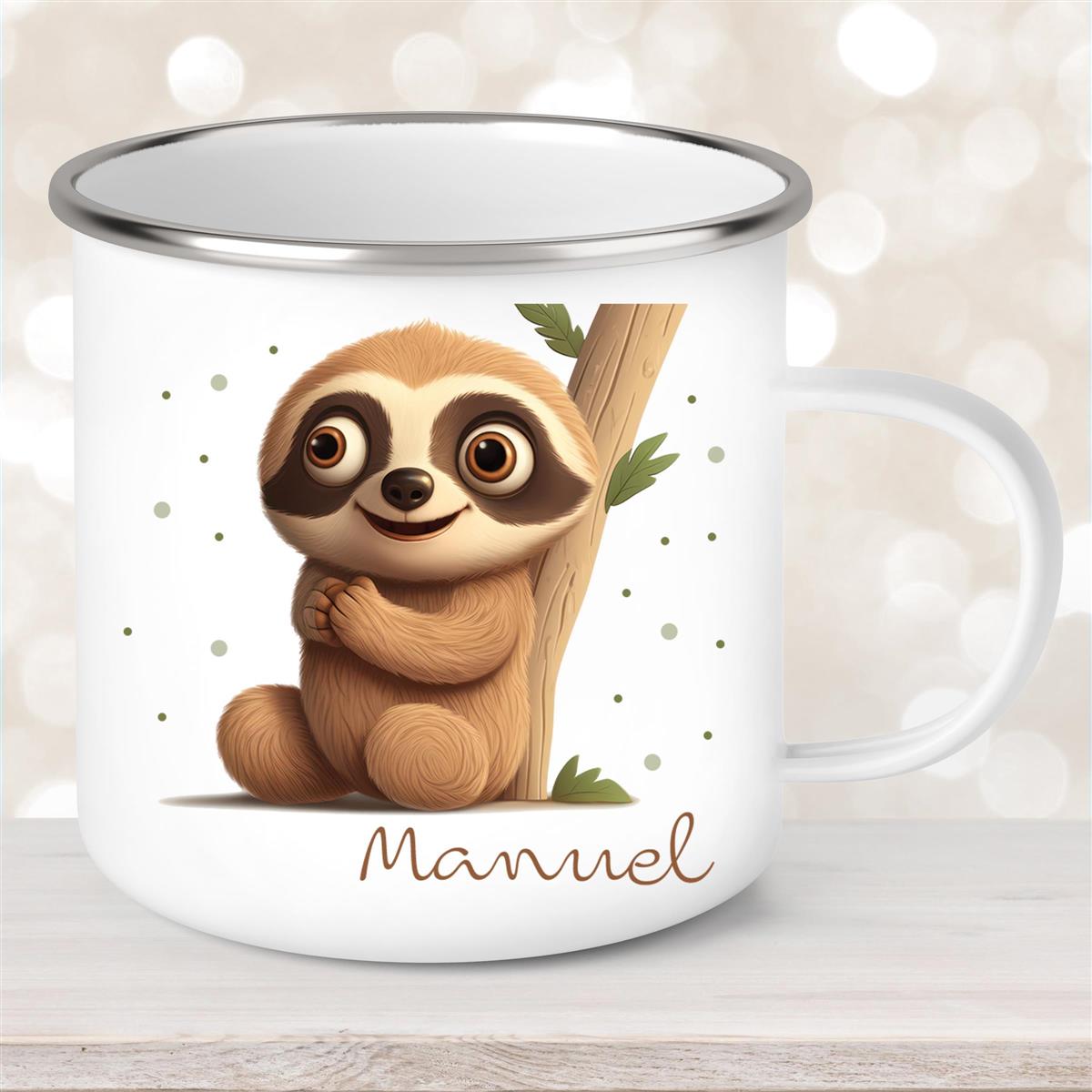 Tasse Wunschname Faultier-Baum Emaille Kinderbecher