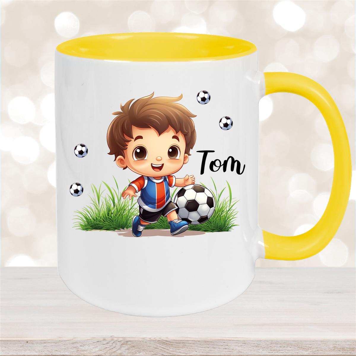 Tasse Fußball #8 Wunschname Keramik Kinderbecher personalisiert Gelb