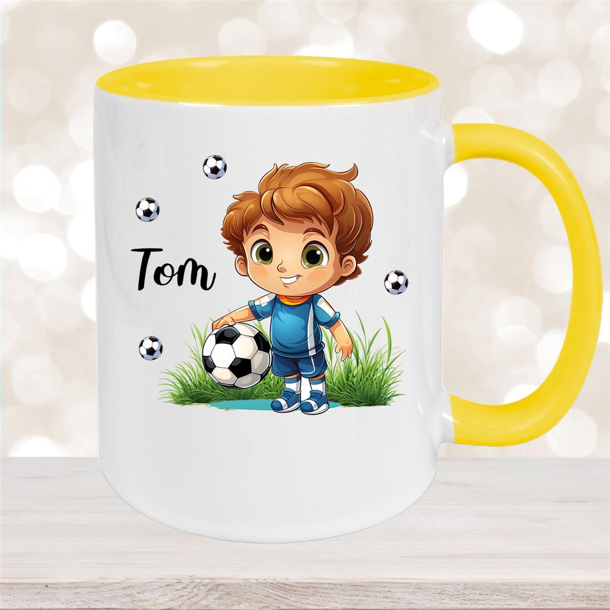 Tasse Fußball #7 Wunschname Keramik Kinderbecher personalisiert Gelb