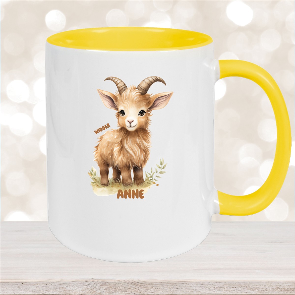Tasse Sternzeichen Kinder Widder #1 Wunschname Keramik Kinderbecher personalisiert Gelb
