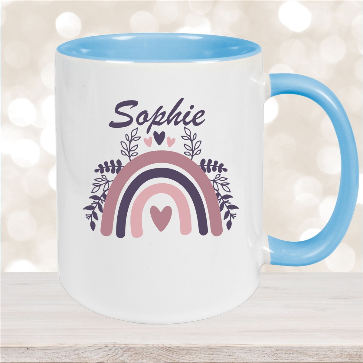 Tasse Regenbogen #8 Wunschname Keramik Kinderbecher Hellblau