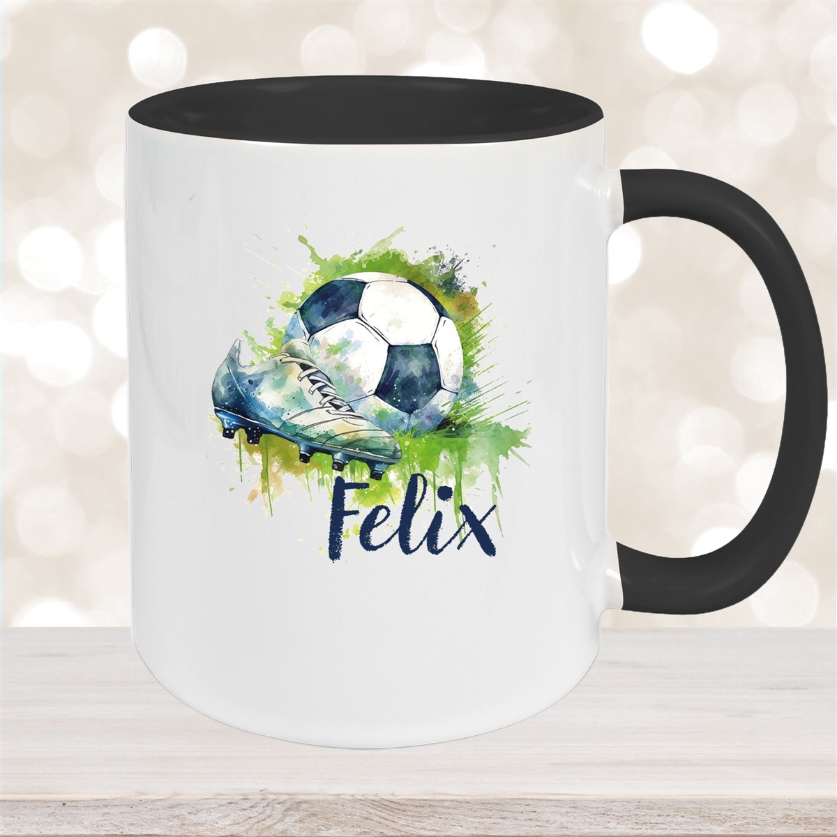 Tasse Fußball #4 Wunschname Keramik Kinderbecher personalisiert Schwarz