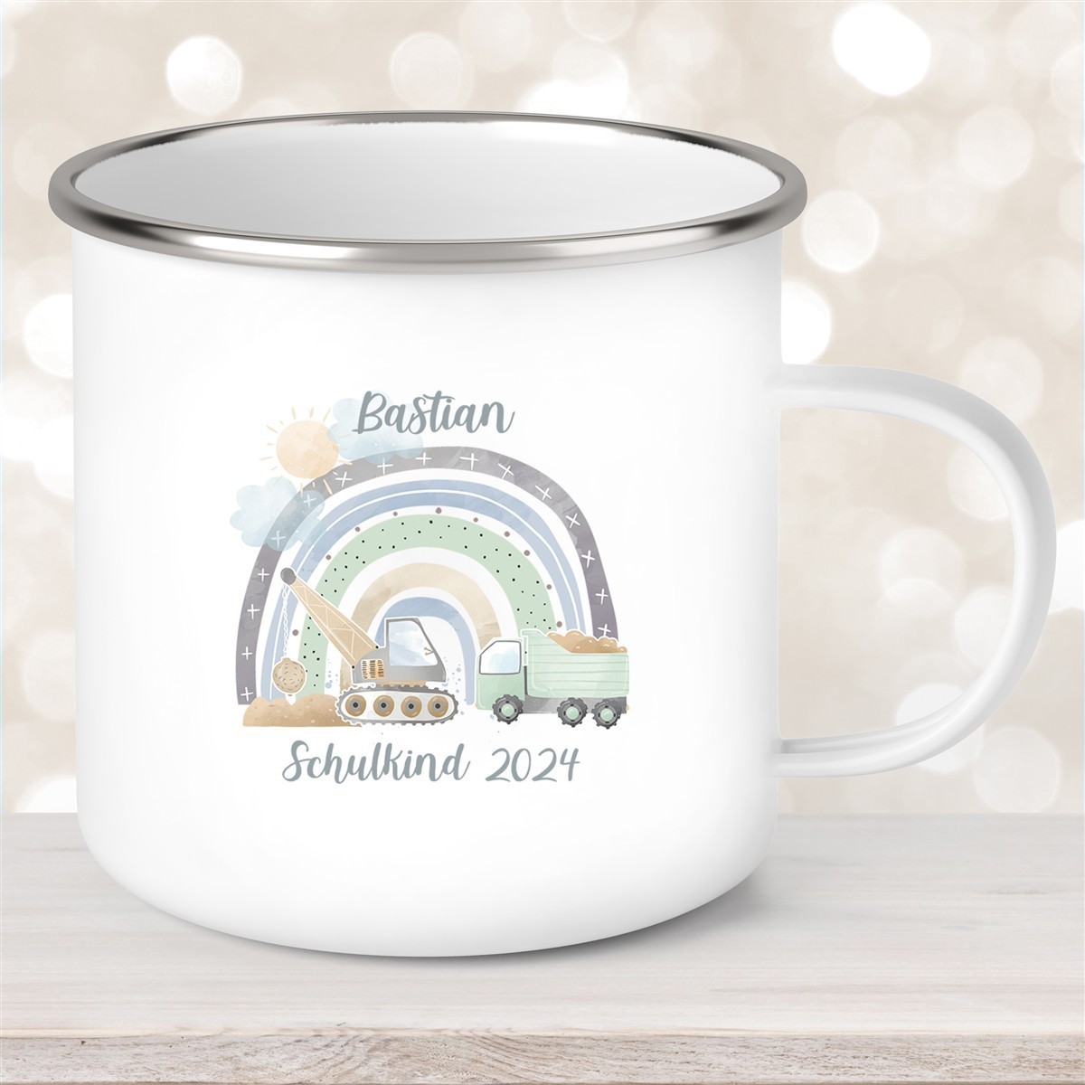 Tasse Schulkind #08 Wunschname Rainbow Baustelle Emaille Kinderbecher Personalisiert