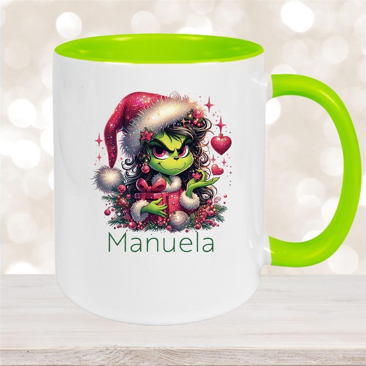 Tasse Wunschname Weihnachten Lady-Grinch 2 Keramik Kinderbecher versch. Farben