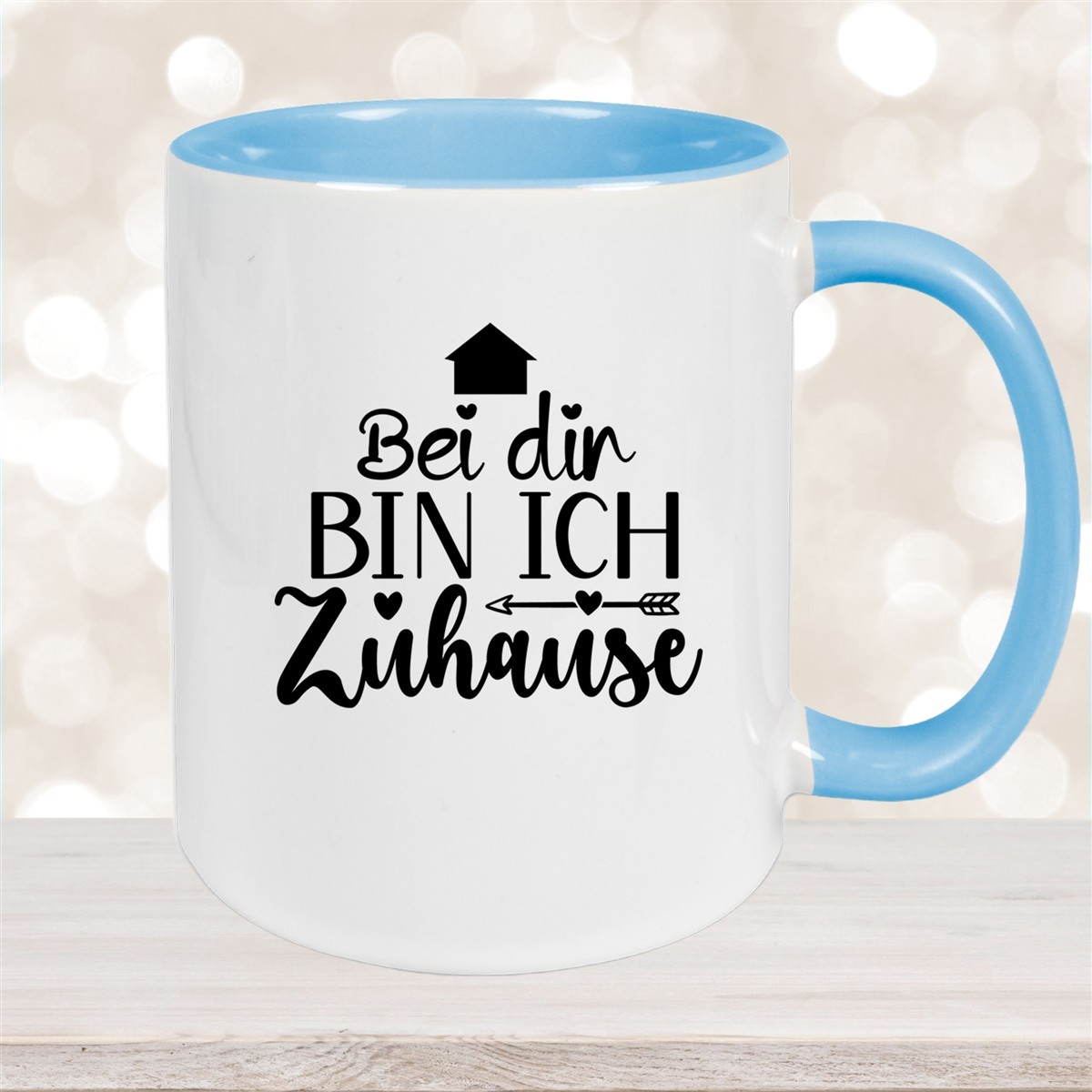 Tasse Liebe -  Spruch "Bei dir bin ich zu Hause" Valentinstag Wunschnamen Keramik personalisiert versch. Farben Hellblau