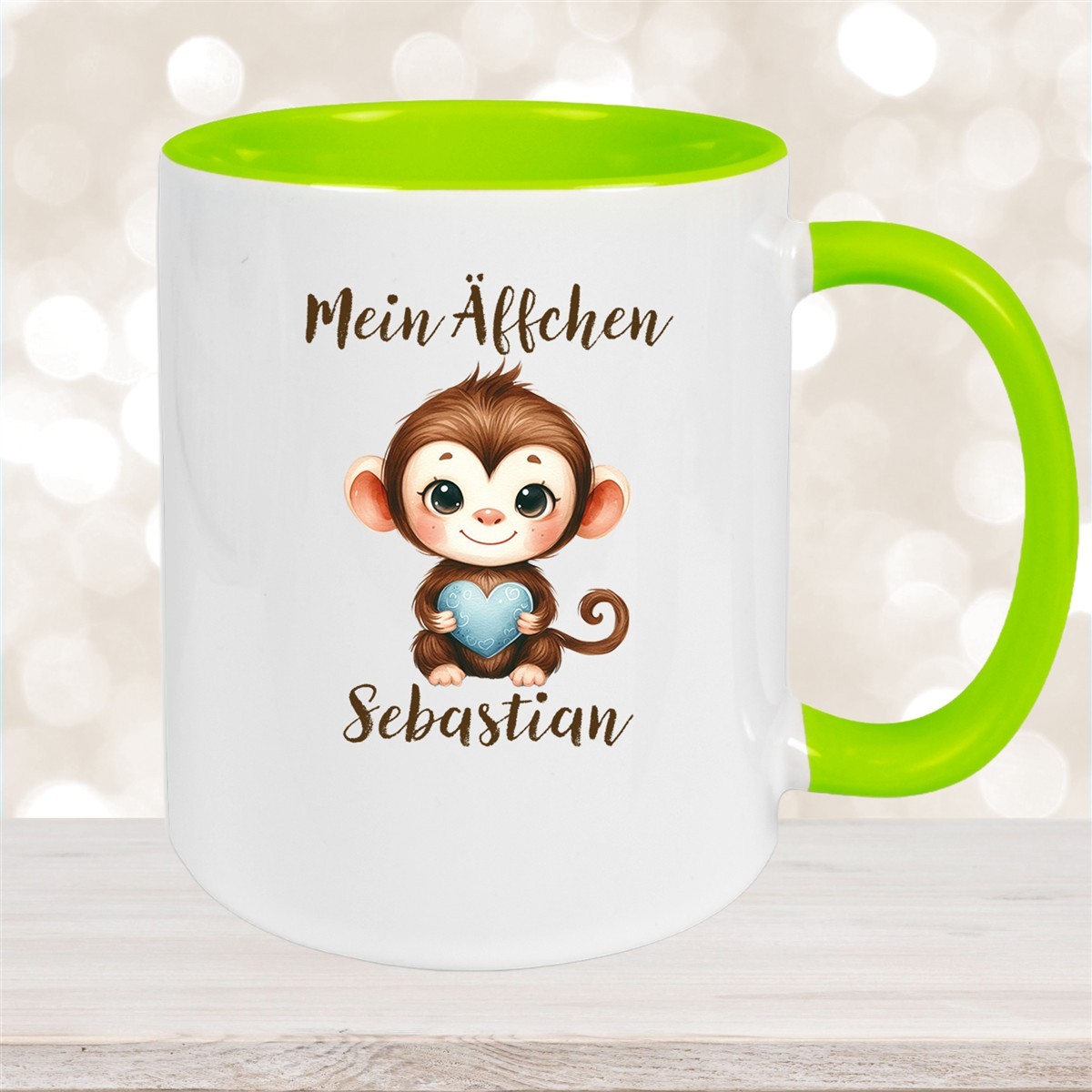 Tasse Liebe - Äffchen Valentinstag Wunschnamen Keramik personalisiert Grün
