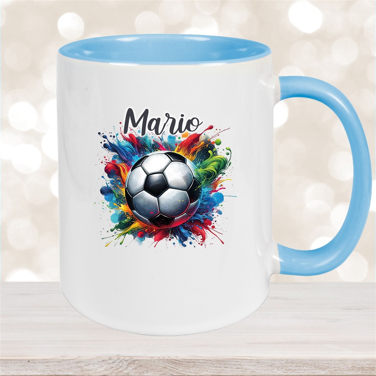 Tasse Wunschname Fußball #12 Personalisiert Keramik Kinderbecher Hellblau