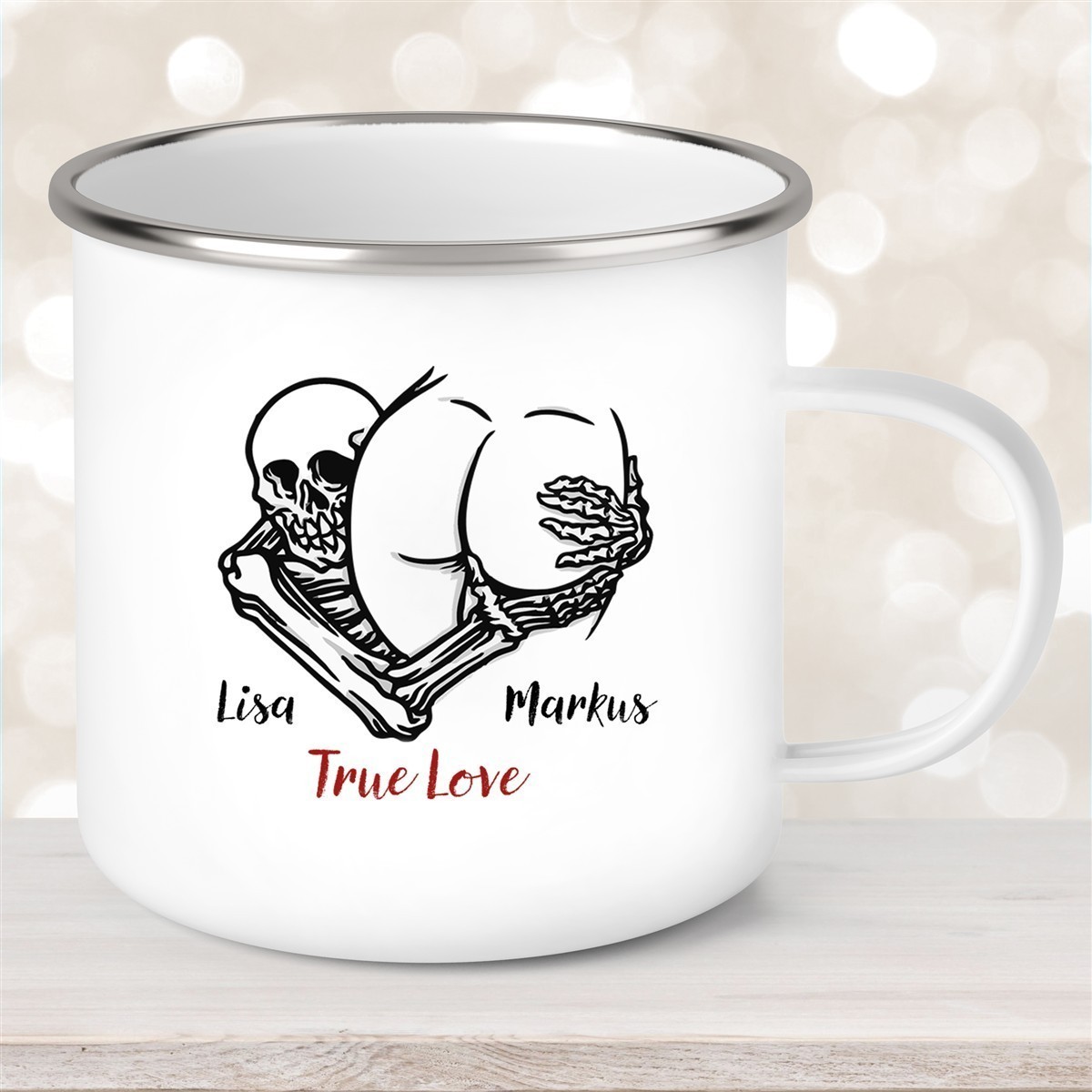 Tasse Totenkopf True Love Valentinstag #7 Wunschnamen Emaille personalisiert
