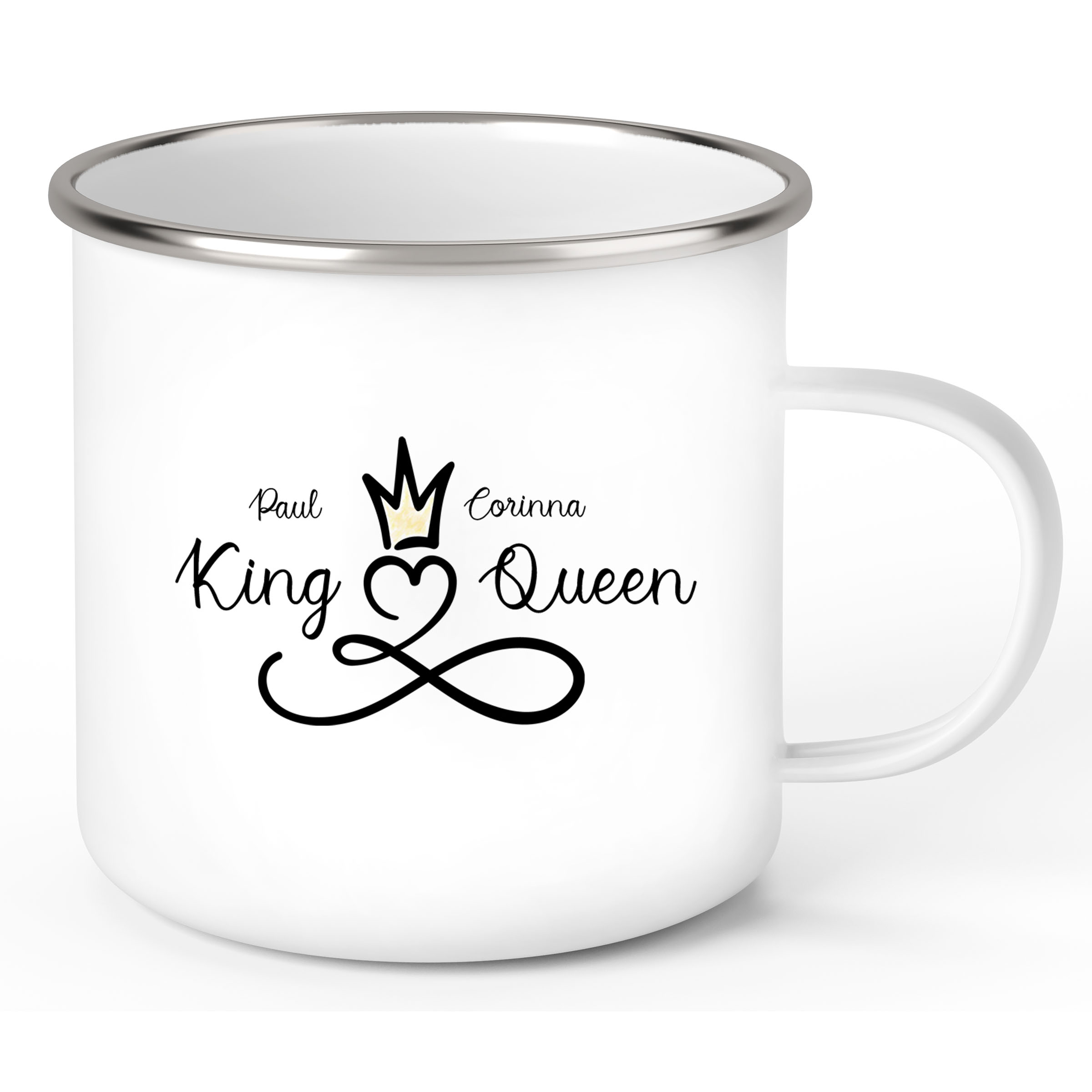 Tasse Liebe - Spruch "King & Queen" Valentinstag Wunschnamen Emaille personalisiert