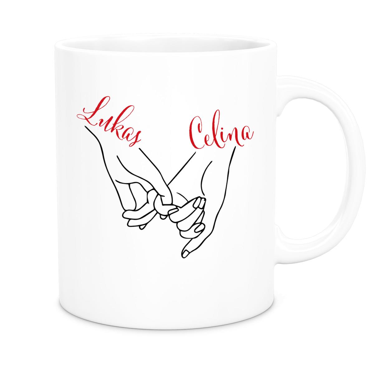 Tasse Hände Valentinstag 5 Wunschnamen Keramik personalisiert versch. Farben