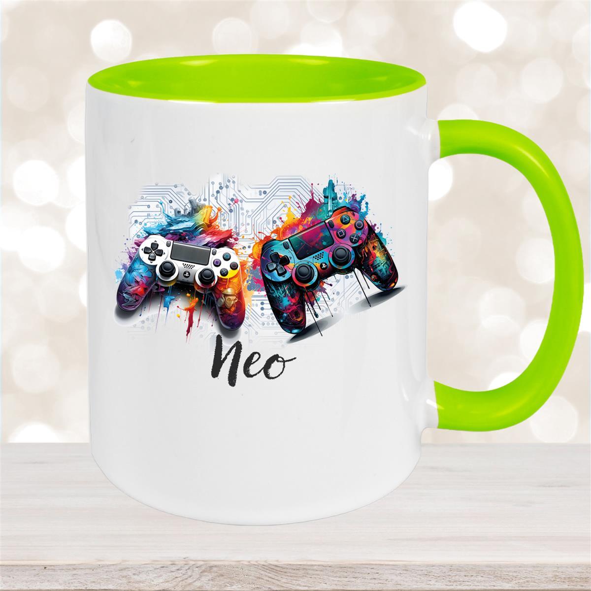 Tasse Gamer #1 Wunschname Keramik Kinderbecher personalisiert Grün