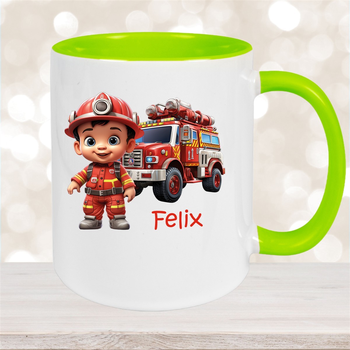 Tasse Wunschname Feuerwehr #4 Keramik Kinderbecher Grün
