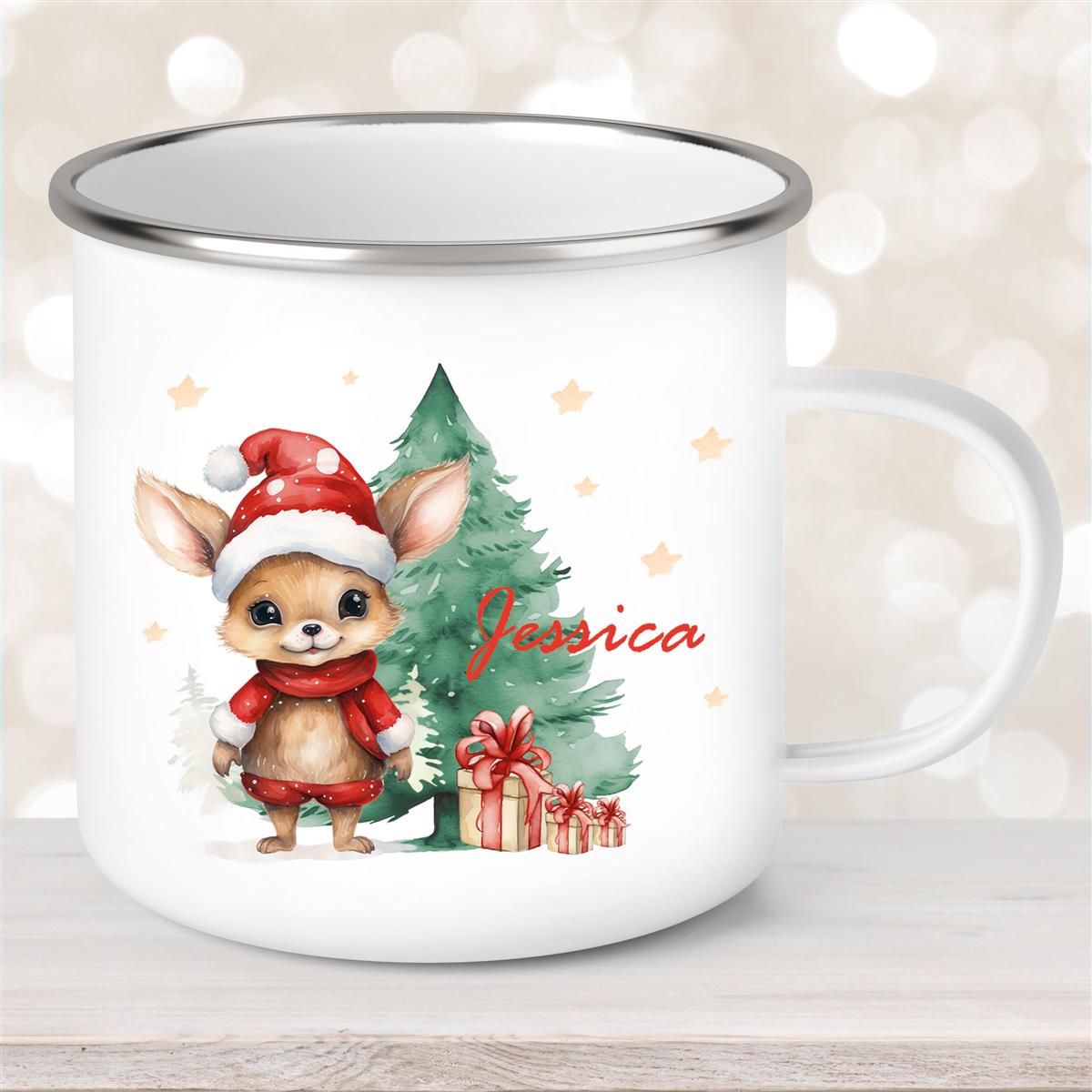 Tasse Wunschname Weihnachten Rehlein-Tannenbaum Emaille Kinderbecher