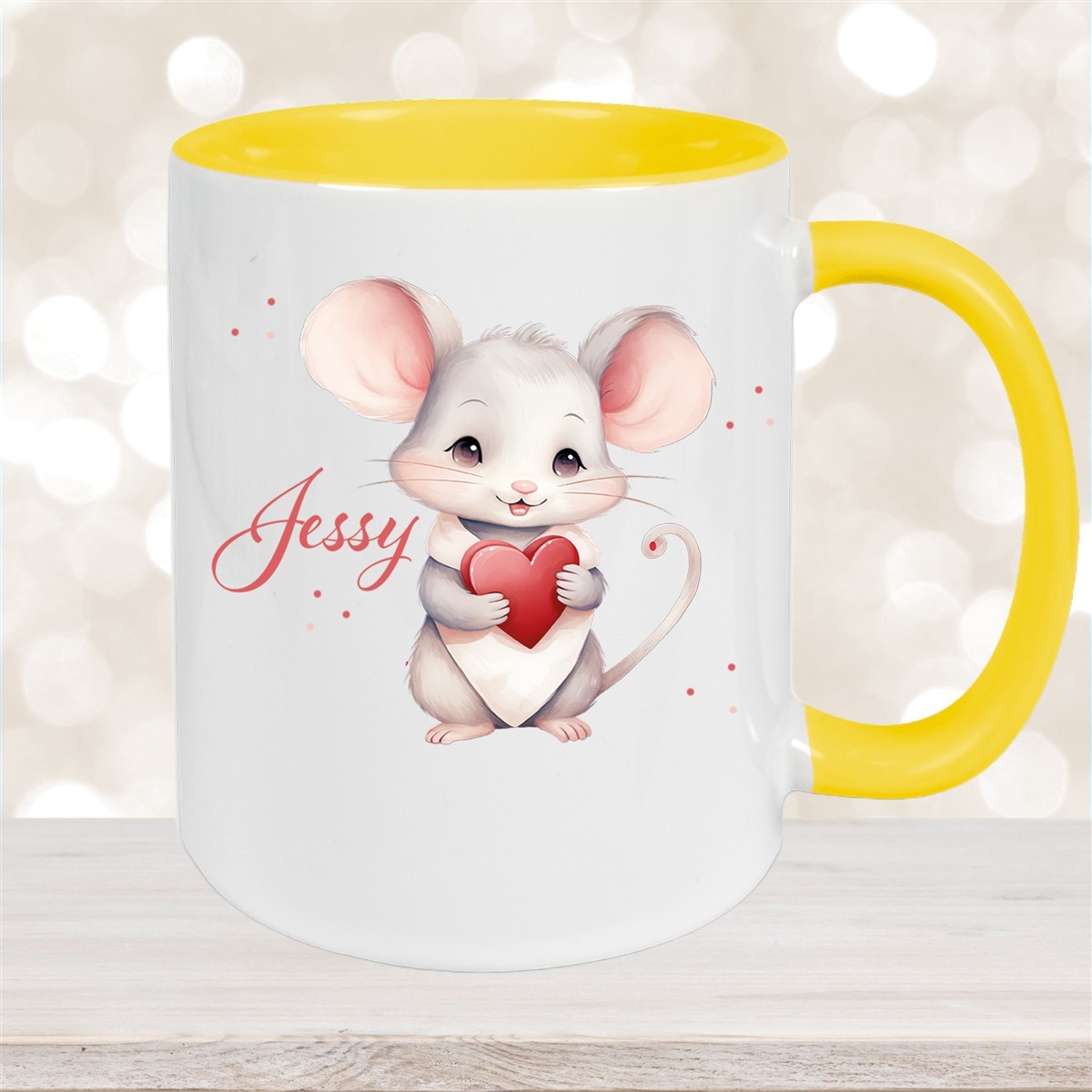 Tasse Liebe - Maus Valentinstag Wunschnamen Keramik personalisiert Gelb