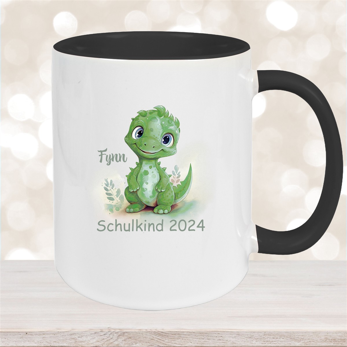 Tasse Schulkind #11 Wunschname Dino #2 Keramik Kinderbecher Personalisiert Schwarz