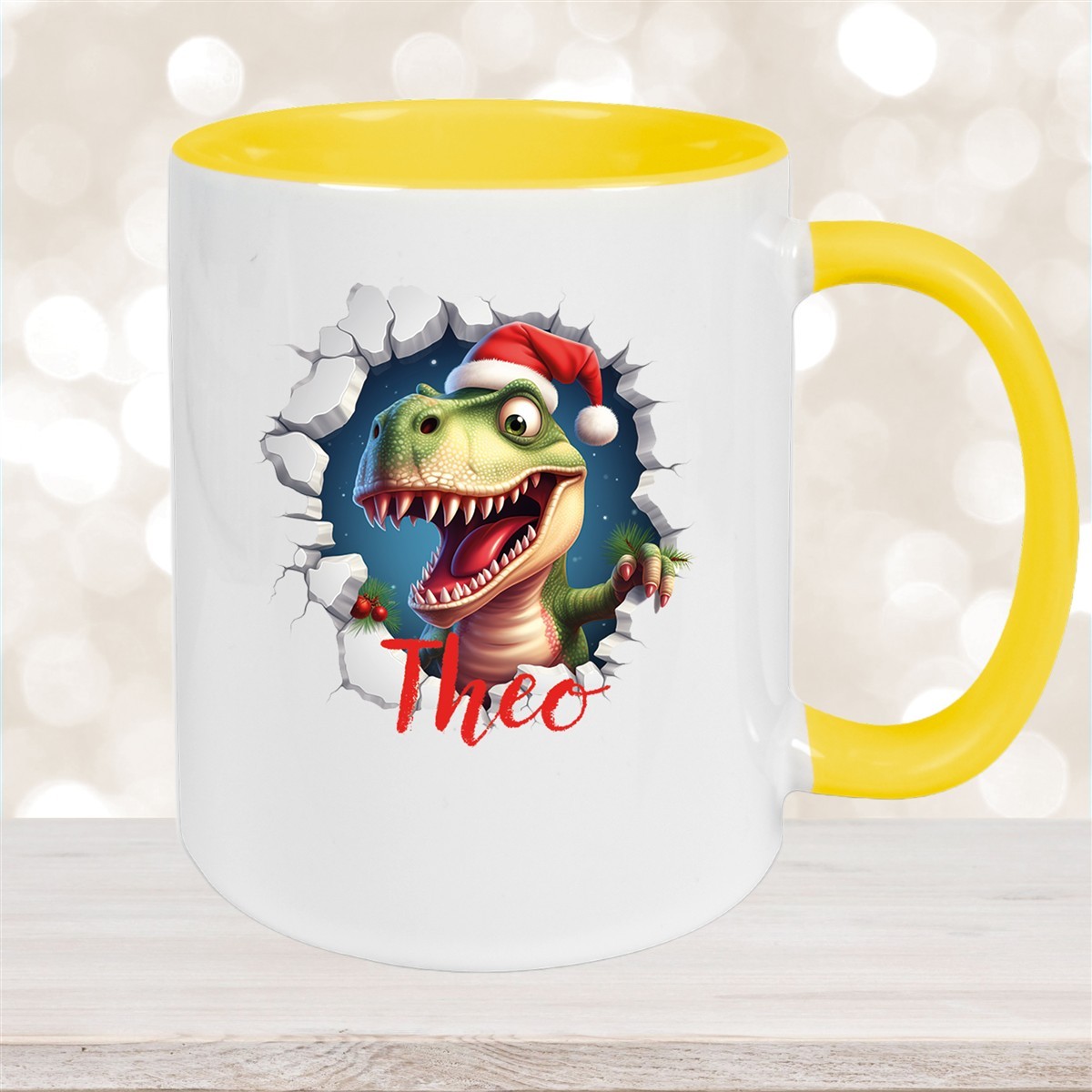 Tasse Wunschname Christmas Dino #1 Keramik Kinderbecher Gelb