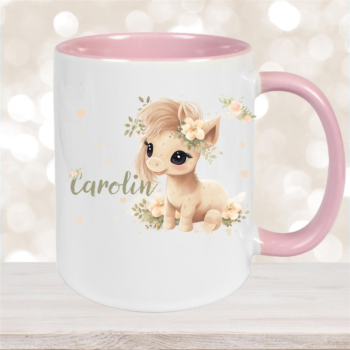 Tasse Pferd 5 Wunschname Keramik Kinderbecher personalisiert versch. Farben