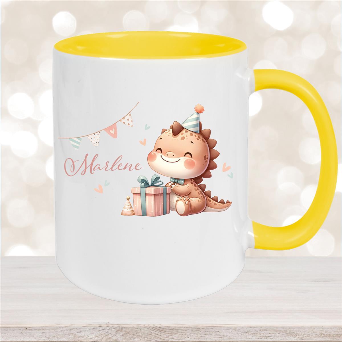 Tasse Dino #18 Wunschname Keramik Kinderbecher Personalisiert Gelb