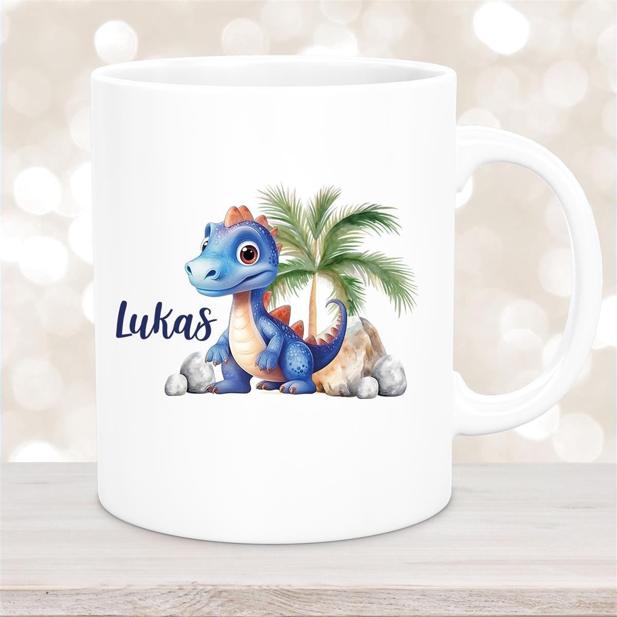 Tasse Dino #8 Wunschname Keramik Kinderbecher Personalisiert Weiß
