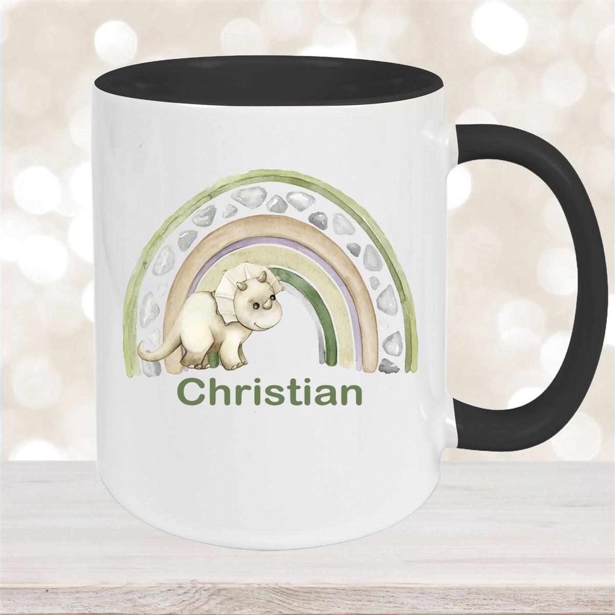 Tasse Wunschname Regenbogen-Dino Keramik Kinderbecher Schwarz
