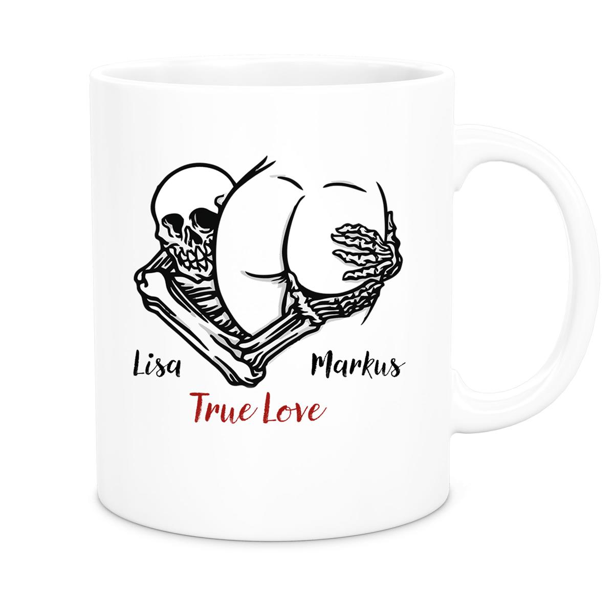 Tasse Totenkopf True Love Valentinstag 7 Wunschnamen Keramik personalisiert versch. Farben