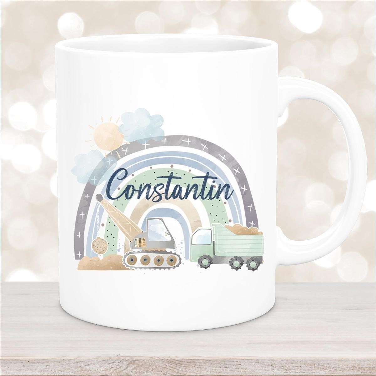 Tasse Wunschname Baustelle Regenbogen #1 Keramik Kinderbecher Weiß