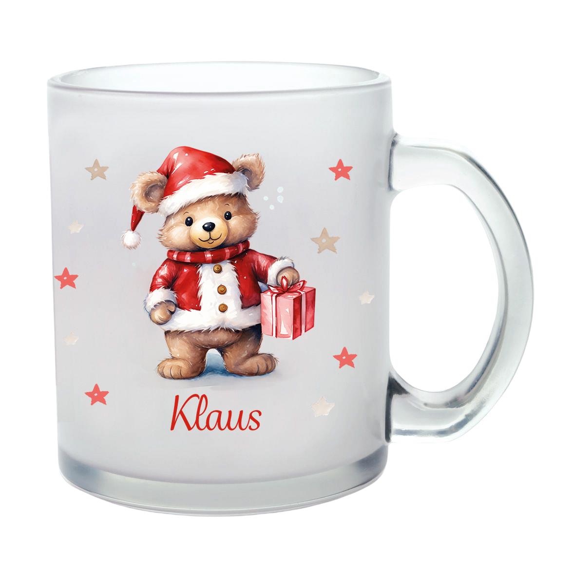 Milchglastasse Wunschname Weihnachten Teddy-Sterne 1 Glas Kinderbecher SONDEREDITION