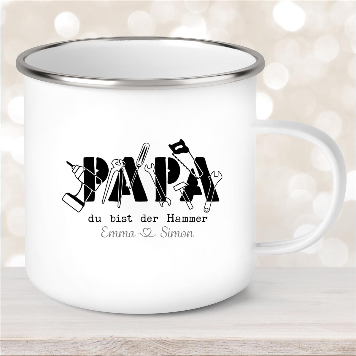 Tasse Vatertag #9 Papa "Du bist der Hammer" Wunschnamen Emaille Personalisiert