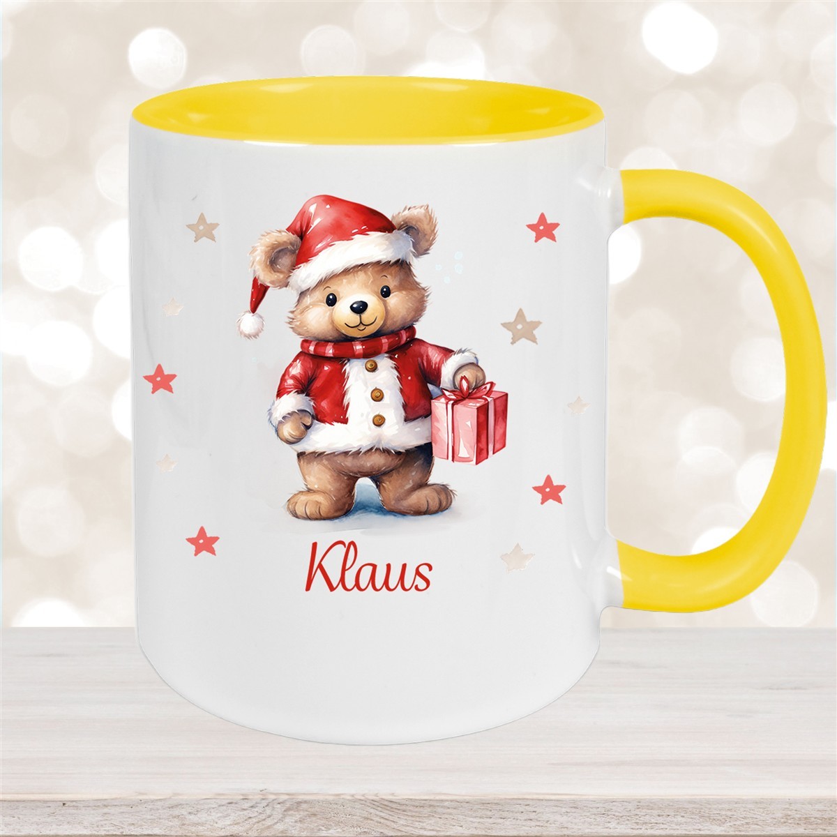 Tasse Wunschname Weihnachten Teddy Sterne Keramik Kinderbecher versch. Farben