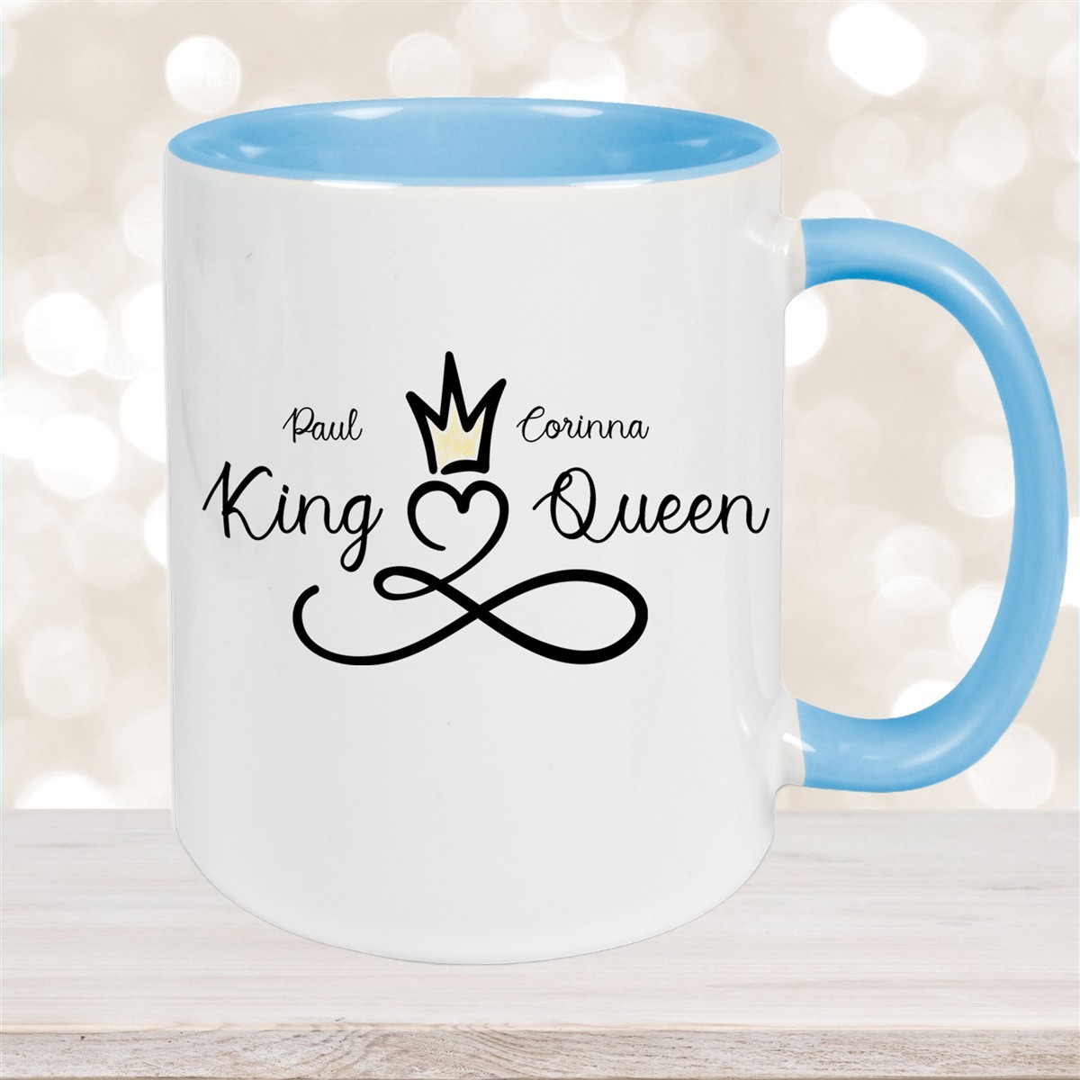 Tasse Liebe - Spruch "King & Queen" Valentinstag Wunschnamen Keramik personalisiert versch. Farben Hellblau