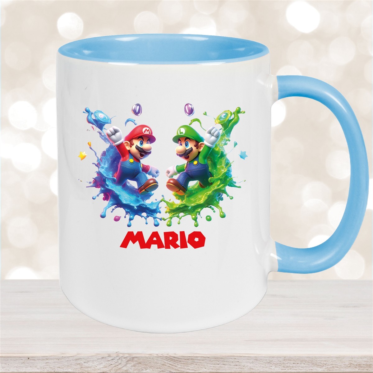 Tasse Wunschname Super-Mario #7 Keramik Kinderbecher personalisiert Hellblau