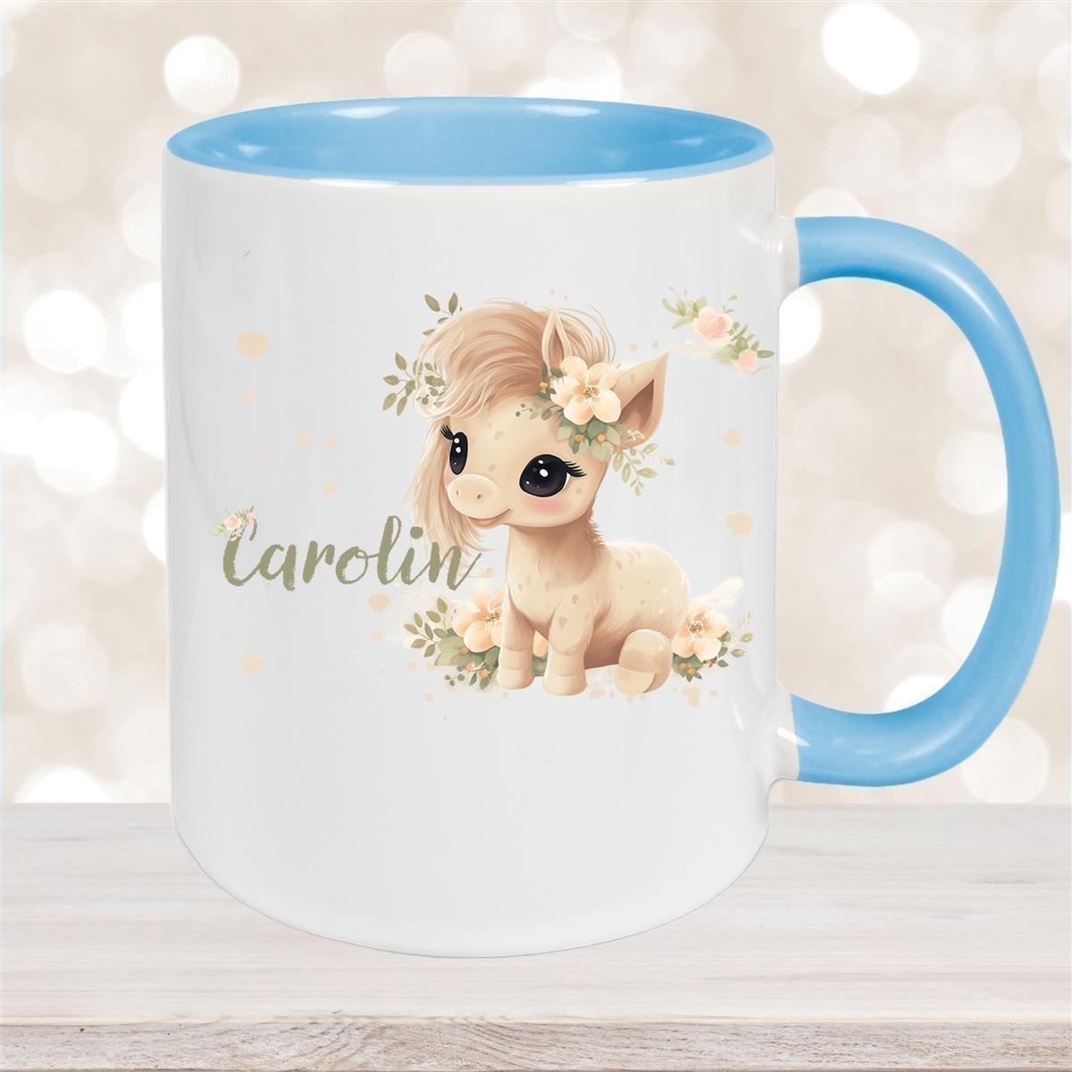 Tasse Pferd 5 Wunschname Keramik Kinderbecher personalisiert versch. Farben