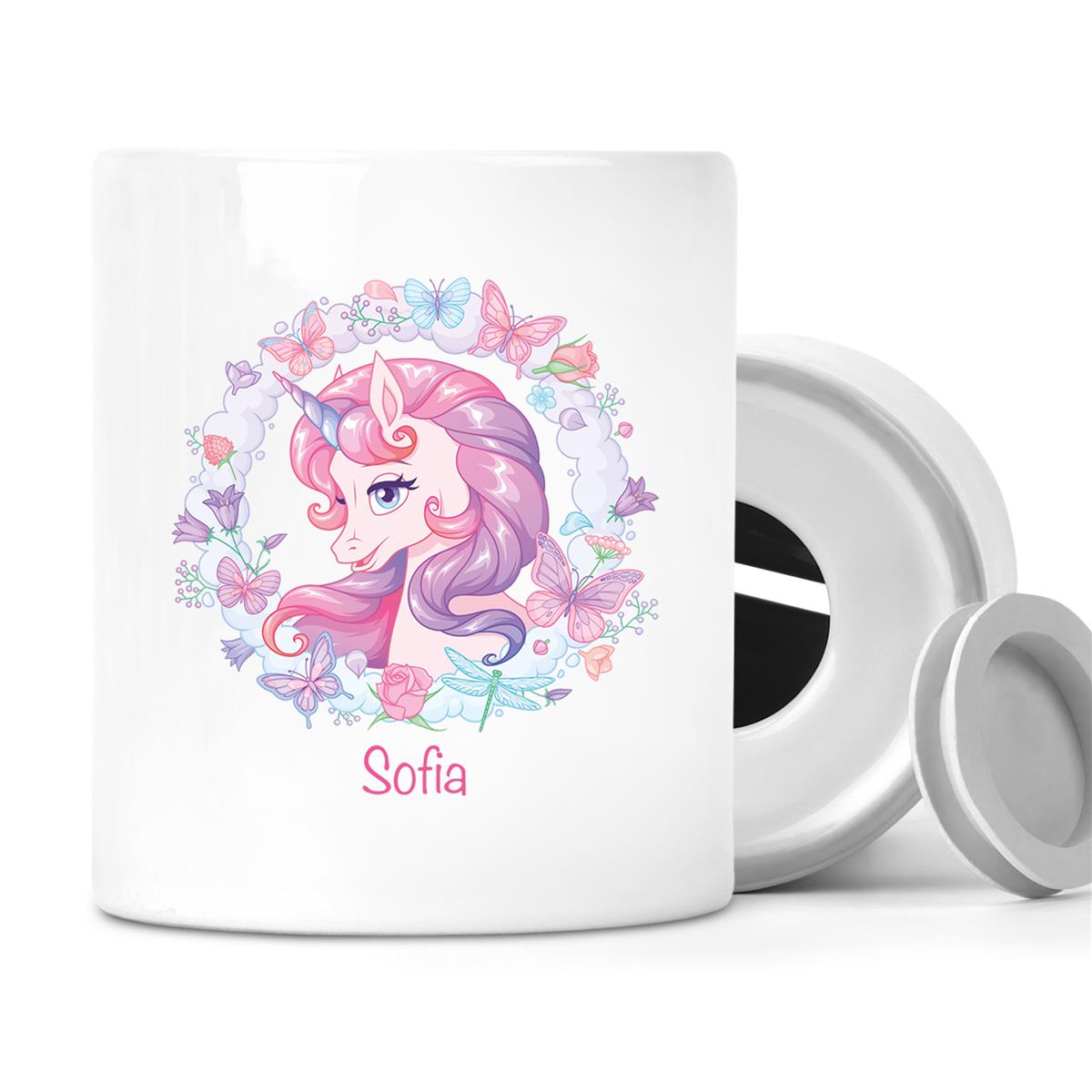 Spardose mit Wunschname Einhorn 1 personalisiert