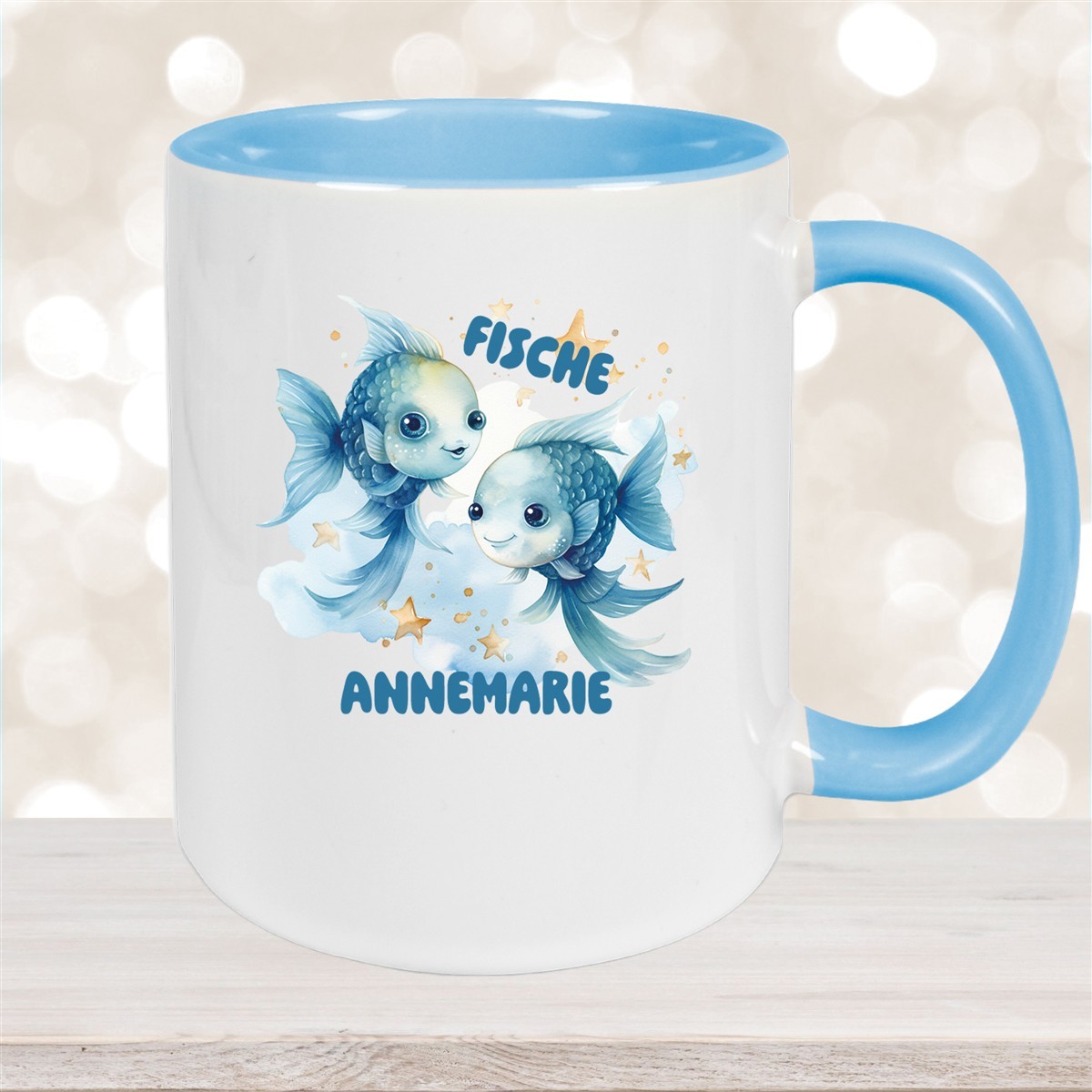 Tasse Sternzeichen Kinder Fische #1 Wunschname Keramik Kinderbecher personalisiert Hellblau