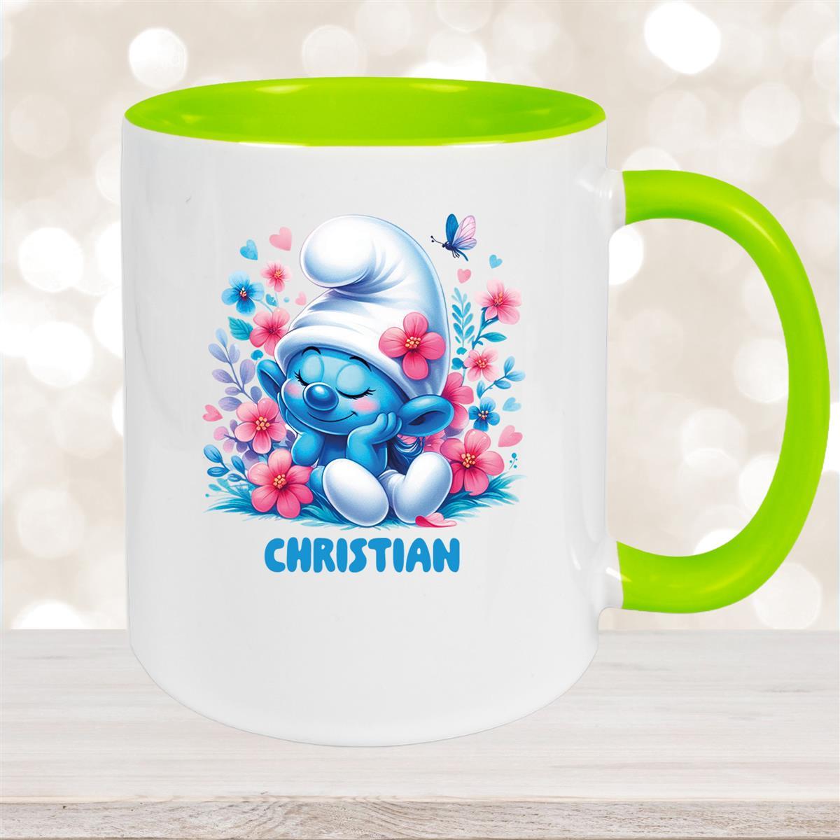 Tasse Kinder Schlumpf #1 mit Blumen Wunschname Keramik Kinderbecher personalisiert versch. Farben Grün