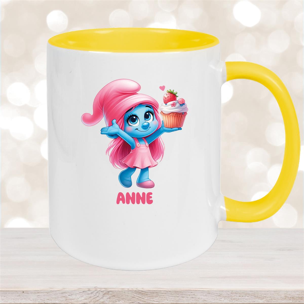 Tasse Kinder Schlumpf #2 mit Muffin Wunschname Keramik Kinderbecher personalisiert versch. Farben Gelb