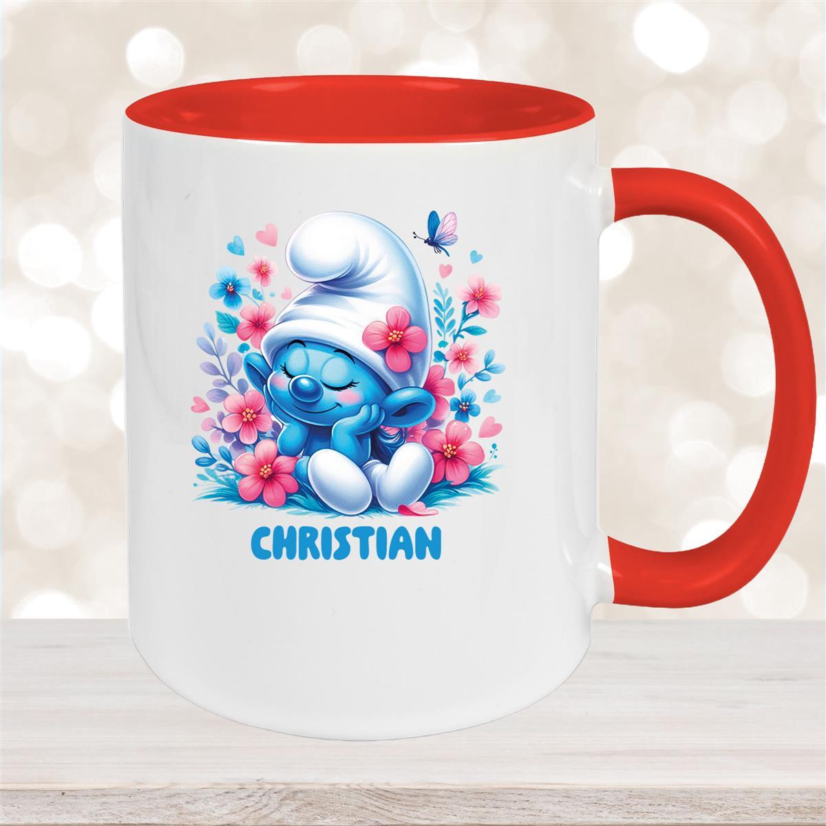 Tasse Kinder Schlumpf #1 mit Blumen Wunschname Keramik Kinderbecher personalisiert versch. Farben Rot