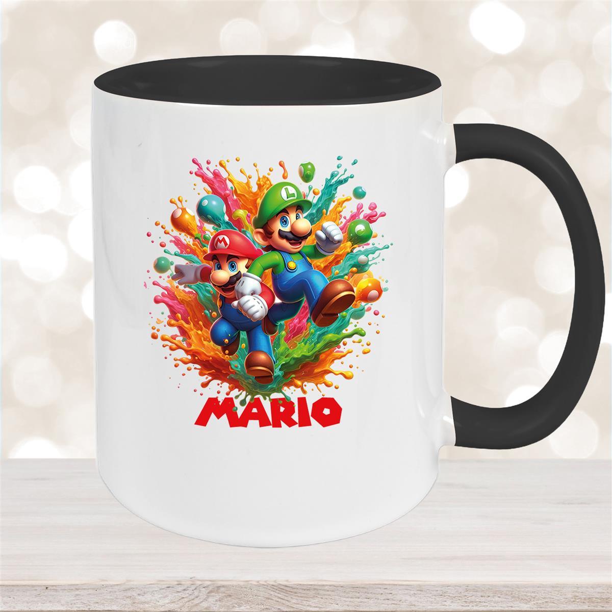Tasse Wunschname Super-Mario #4 Keramik Kinderbecher personalisiert Schwarz
