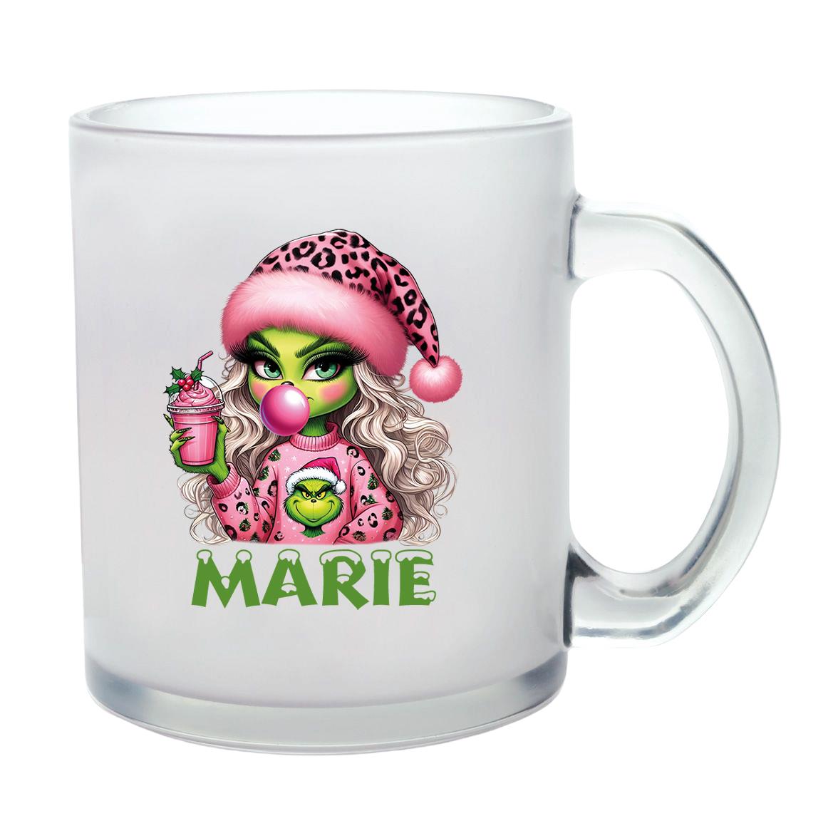 Milchglastasse Wunschname Weihnachten Lady-Grinch 5 Glas Kinderbecher SONDEREDITION