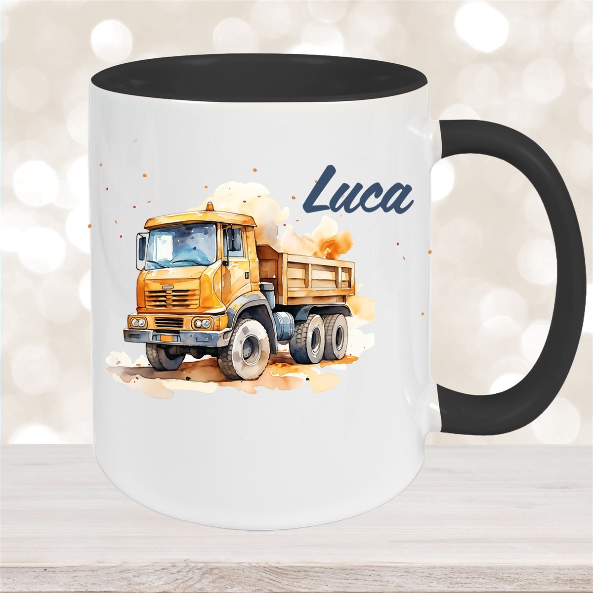 Tasse Wunschname Baustelle Kipper Keramik Kinderbecher Schwarz