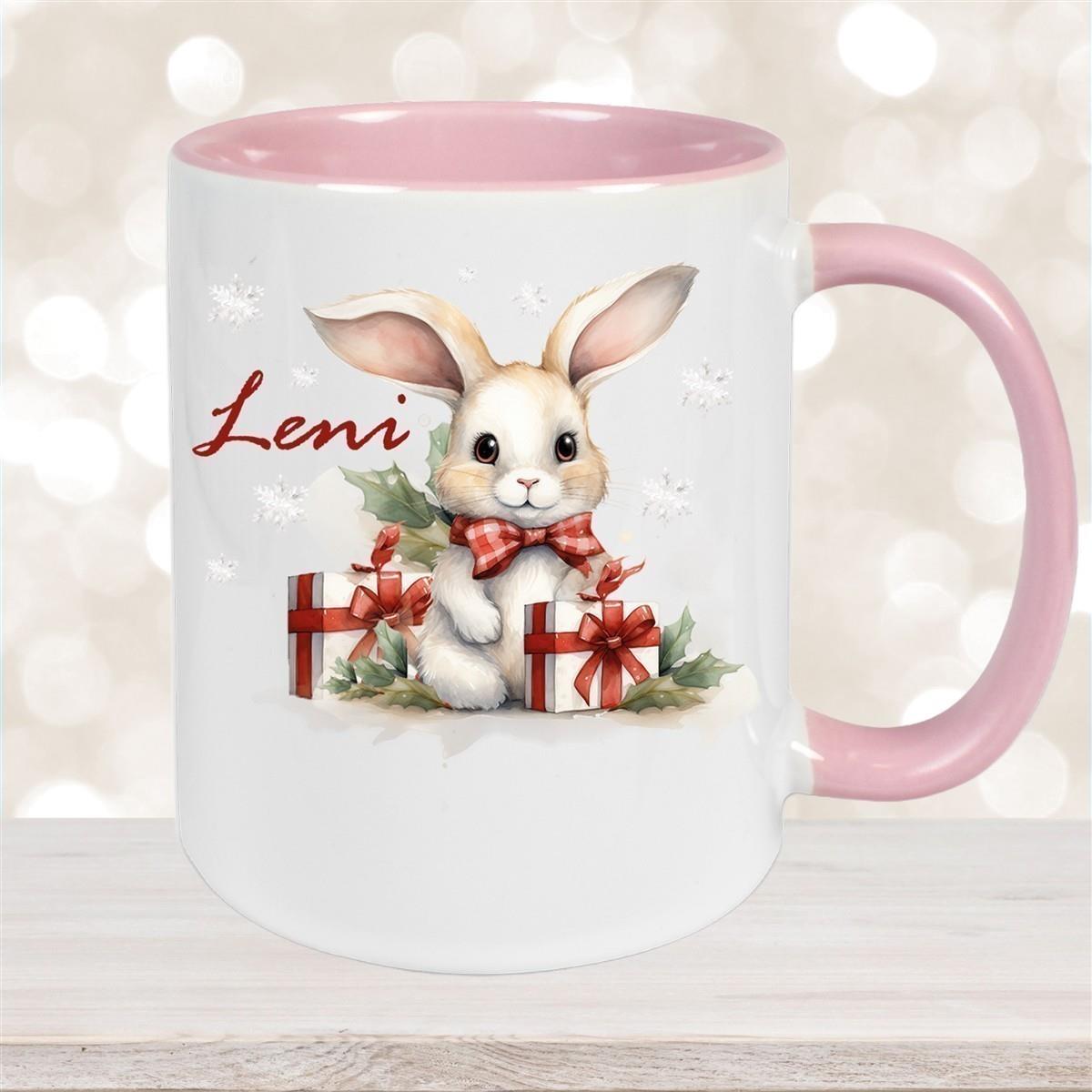 Tasse Wunschname Weihnachten Hase Sterne Keramik Kinderbecher versch. Farben