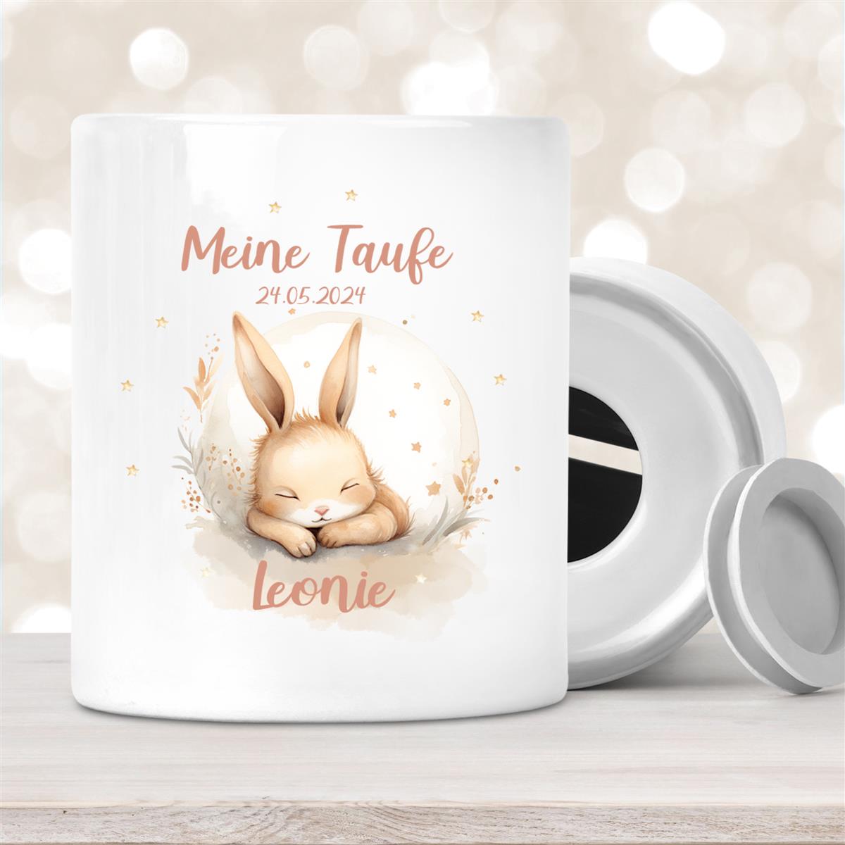 Spardose mit Wunschname Taufe Hase #2 personalisiert