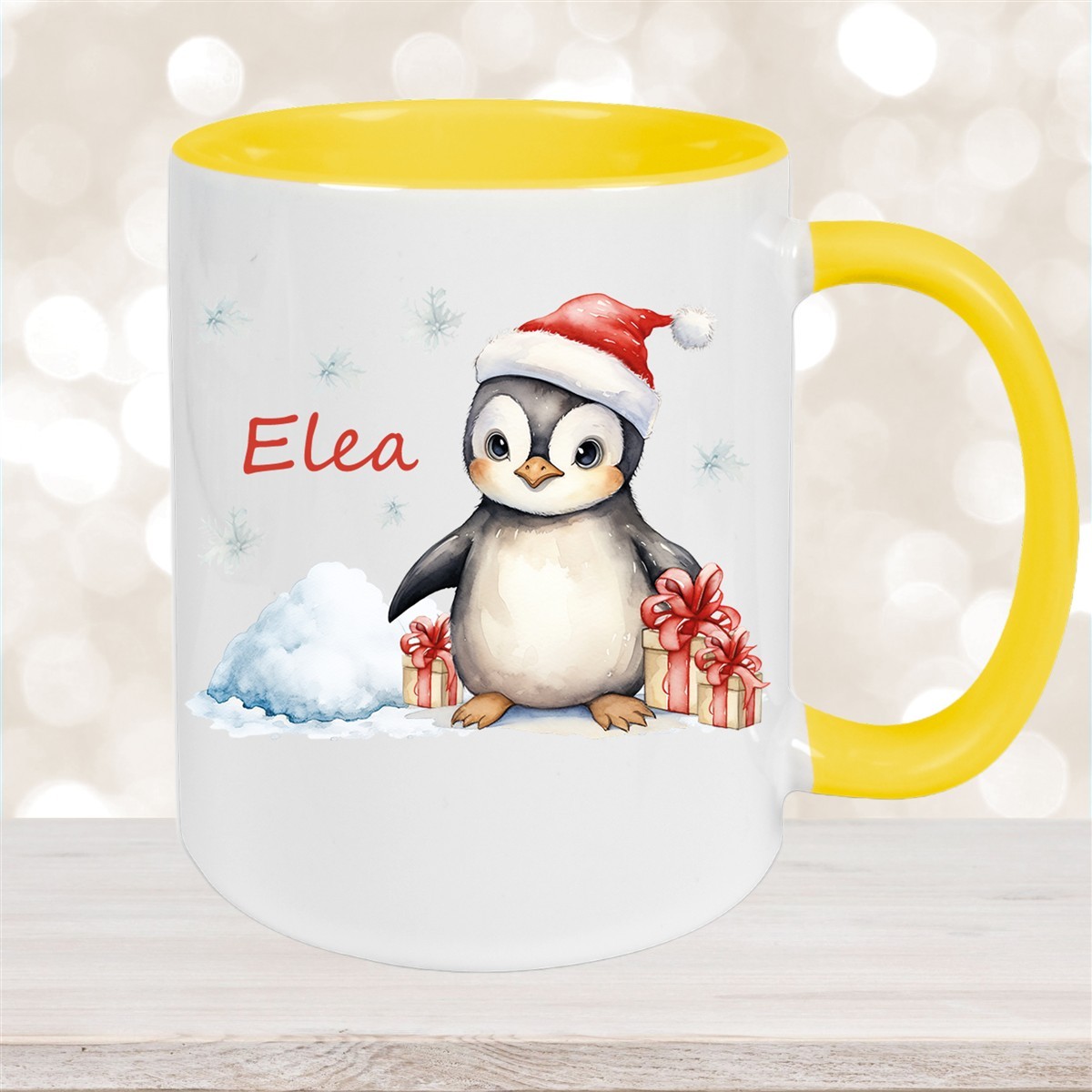 Tasse Wunschname Weihnachten Pinguin #1 Keramik Kinderbecher Gelb