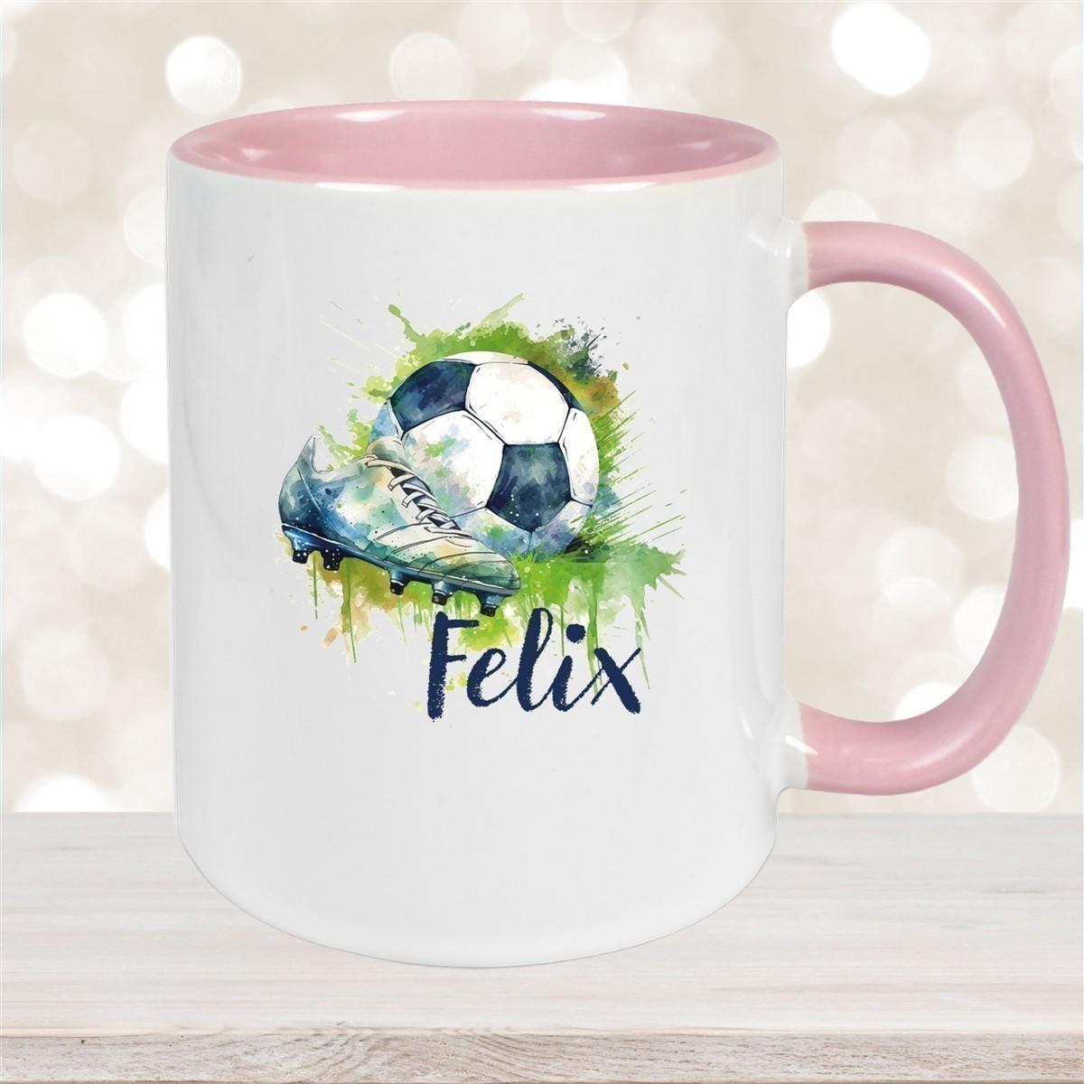 Tasse Fußball 4 Wunschname Keramik Kinderbecher personalisiert versch. Farben