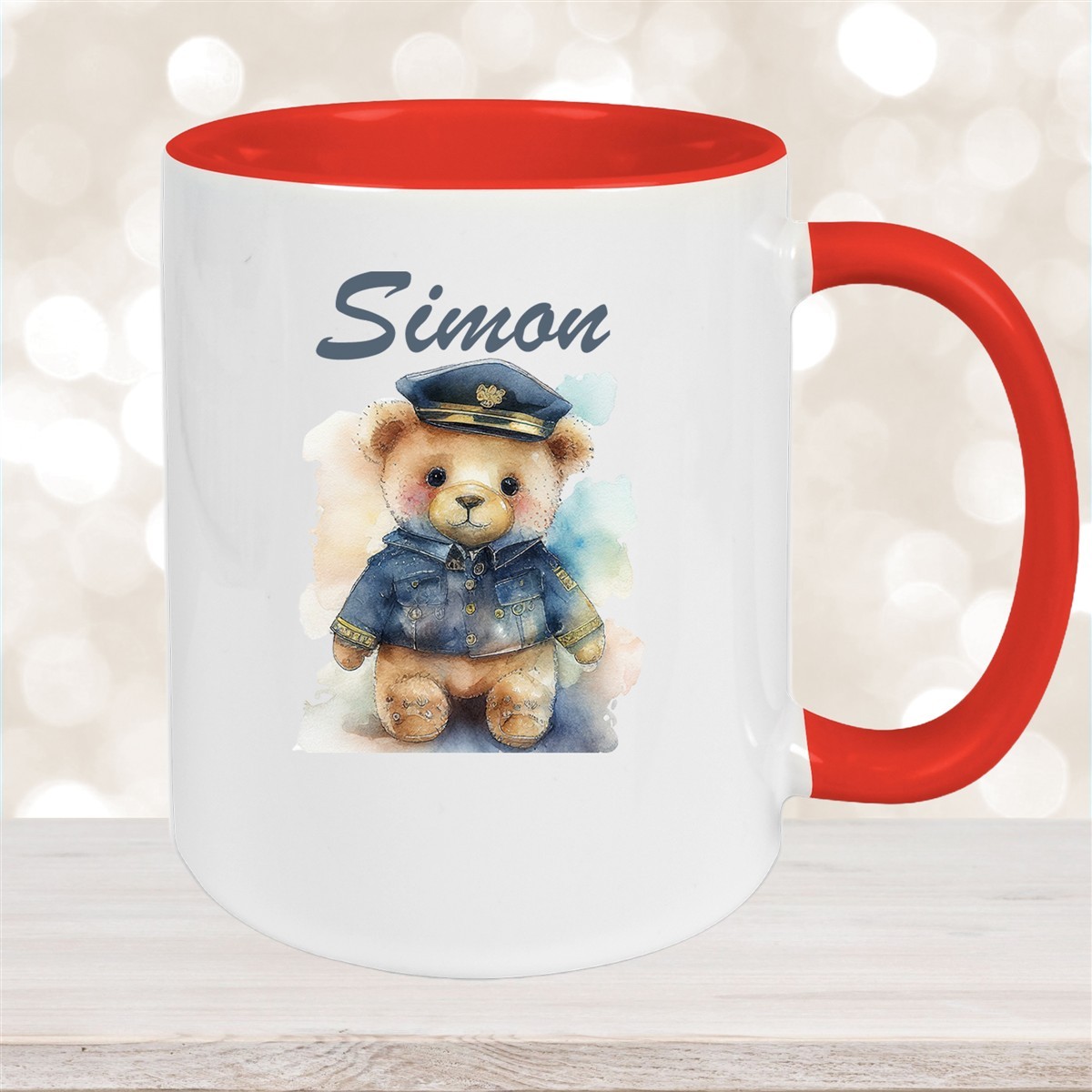 Tasse Polizei Teddy #1 Wunschname Keramik Kinderbecher personalisiert Rot